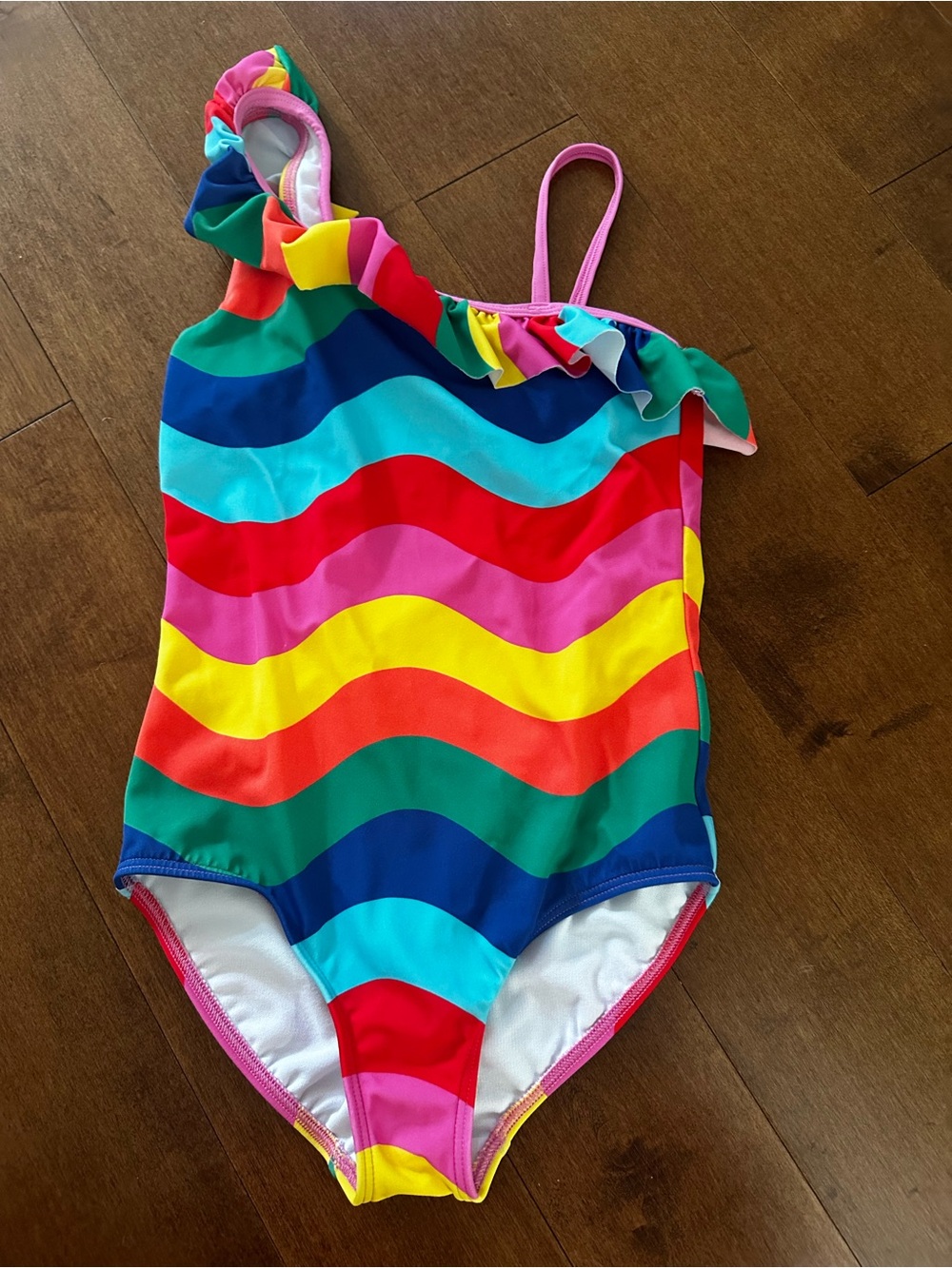 Mini Boden NEVER WORN Rainbow Wave One-Shoulder Swimsuit